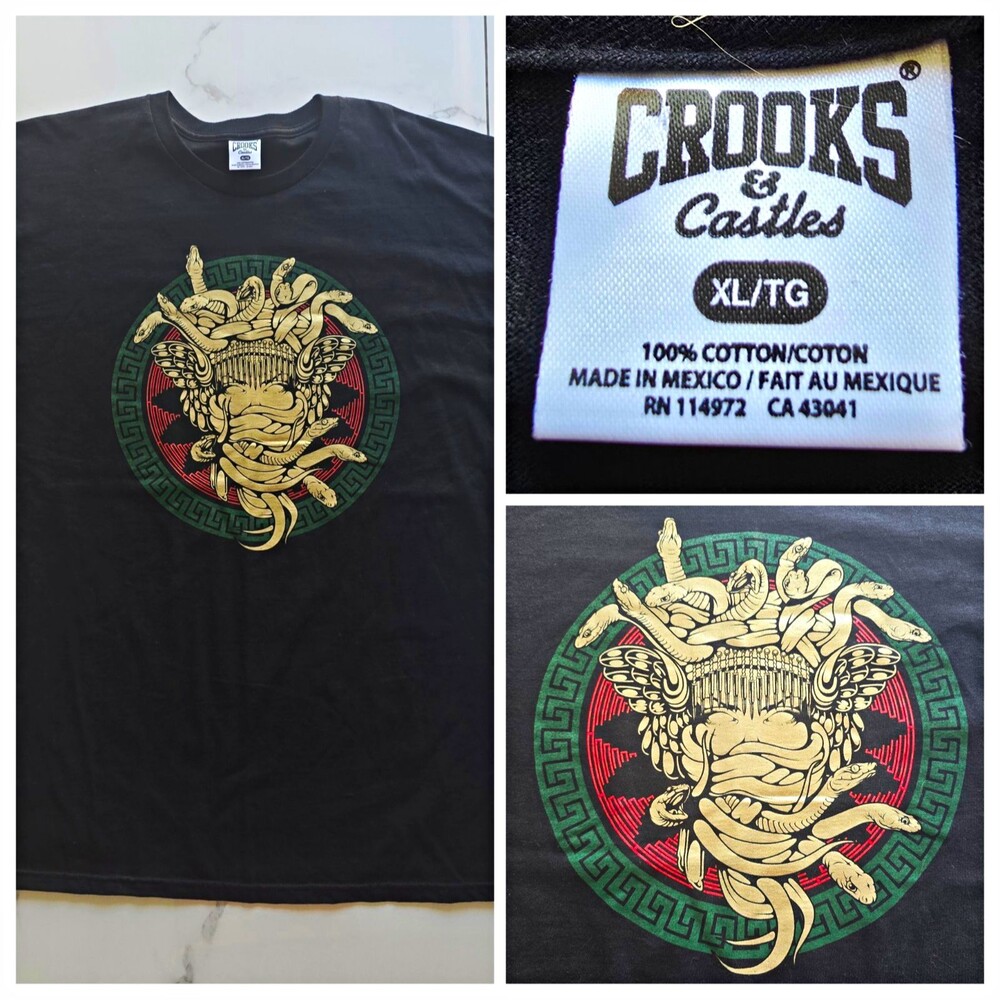 Crooks & Castles Mayan Medusa Shirt Mens XL Black Sleeve Accent Skate Streetwear